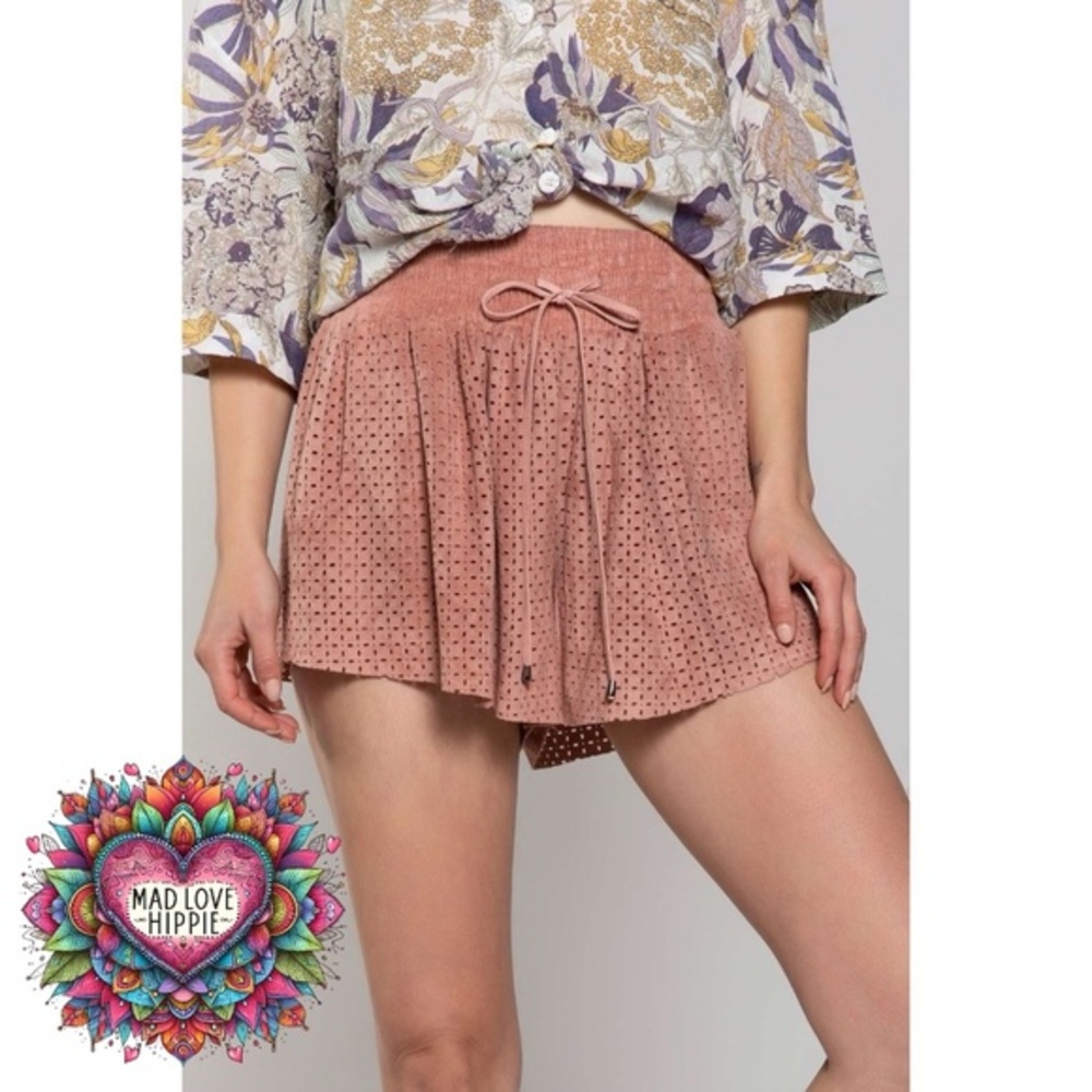 POL Dusty Pink Vegan Suede Smocked Waist Relaxed Fit Shorts